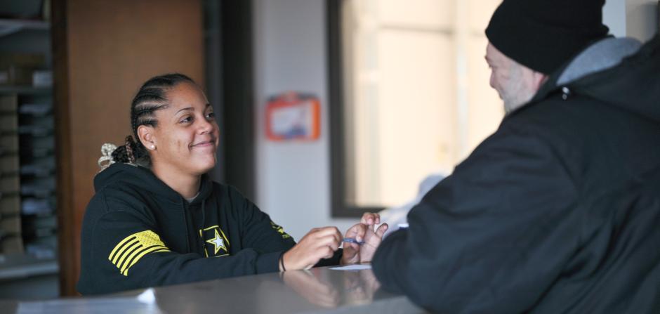 People talking at a counter