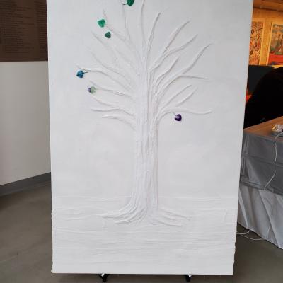 white tree painting with colorful leaves