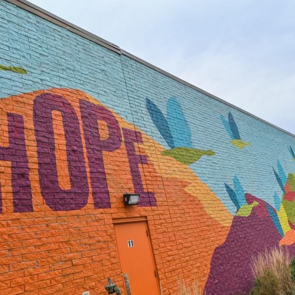 A colorful mural with the word hope and flying geese.