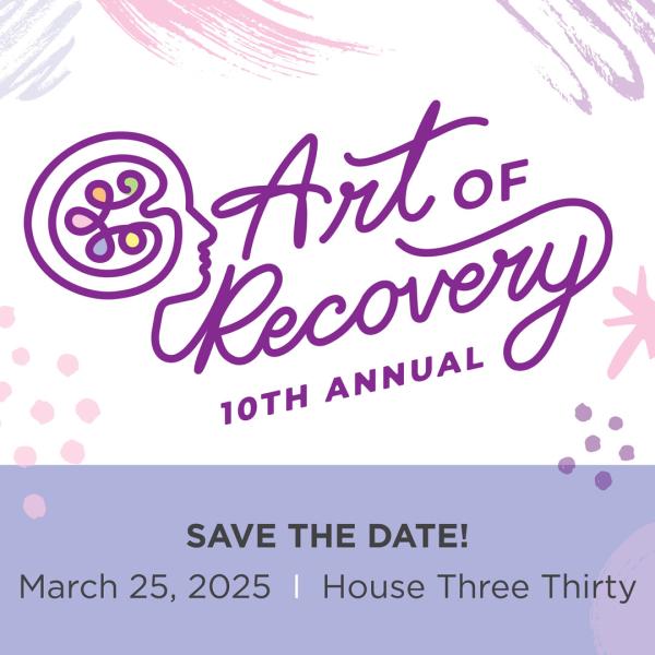 Art of Recovery logo in purple with 'save the date' of March 25, 2025, at House Three Thirty