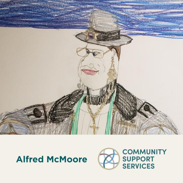 Image of an Alfred McMoore crayon drawing of a sheriff wearing dangling earrings and a large cross necklace.